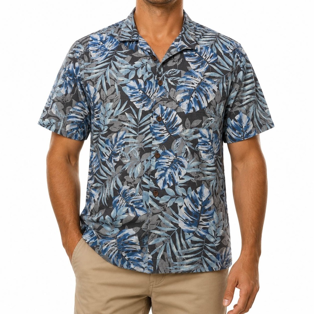 Tommy Bahama Mens Blue Grey Tropical Leaf Print 100% Silk Camp Shirt Size M